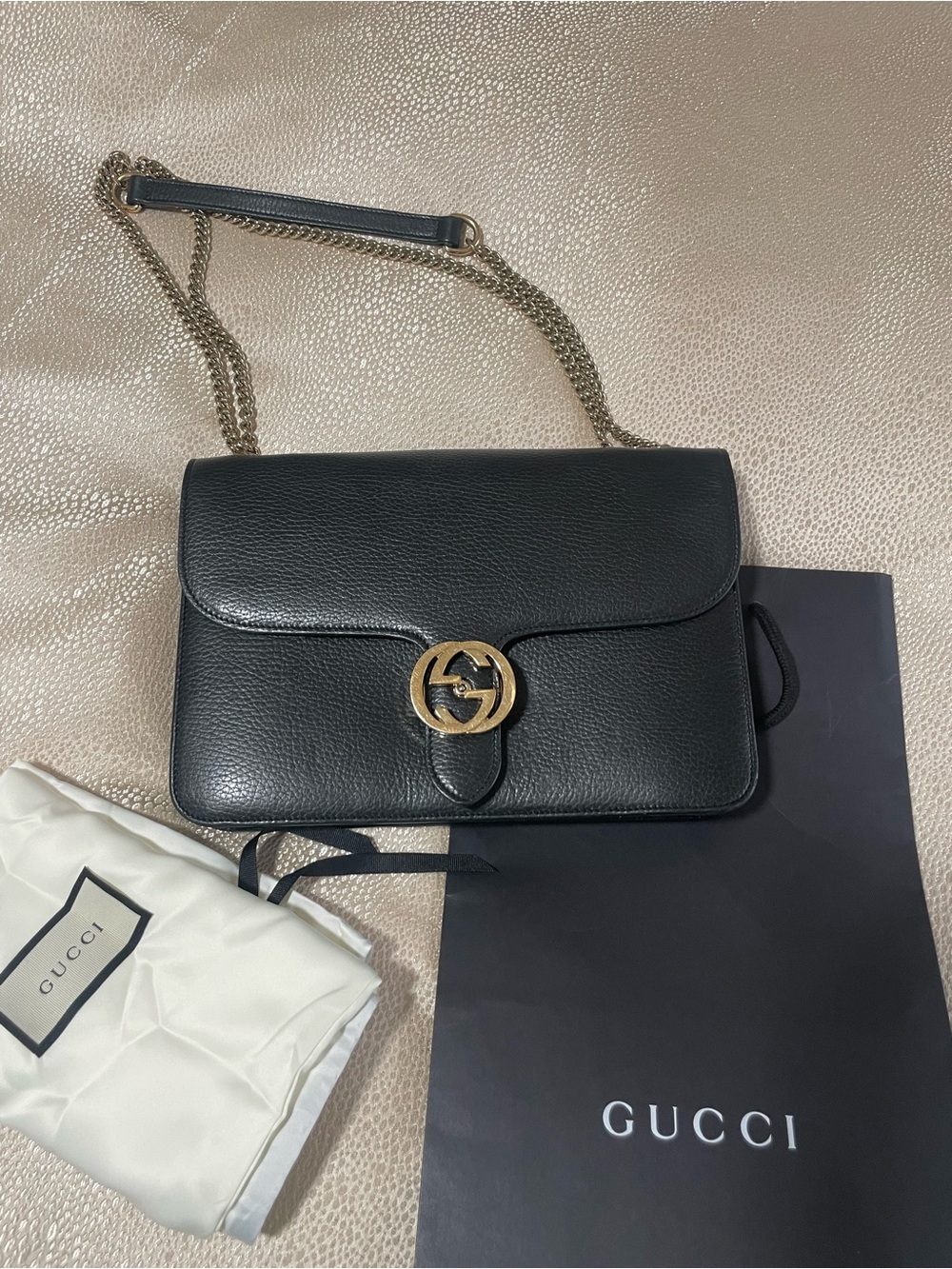 Gucci Black Leather Crossbody Bag with Gold Double G Chain